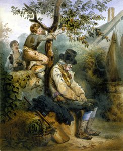 眠っている農夫の目を盗んでリンゴを盗む子供たち - Grenierによるリトグラフ, v.1840 作： Ernest (after) Grenier