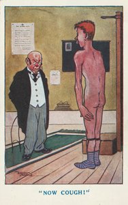診察中の裸の男性に咳払いをする医師（カラーリトグラフ 作： Ernest (after) Noble