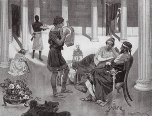 ギリシャの家の内部、紀元前4世紀（リトグラフ） 作： Ernest (after) Prater
