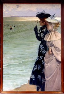 美しい時代。"Bath time by the sea" 海岸にいる二人の女性が双眼鏡で海水浴客を調べています。アーネスト・アンジュ・ドゥーズ（1843-1896）の絵画 1896年 日1,06x1,6 m Rouen, musee des Beaux Arts - ベル・エポック：「海辺のバスタイム」 海辺の二人の女性がバイノクルで入浴者を調べている。