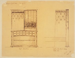 イングリッシュオークのベッドステッドのデザイン、1902 作： Ernest Barnsley