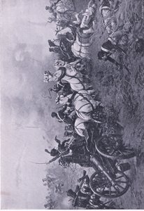 1815年6月18日、ウォータールーでの第52オックスフォードシャー軽歩兵連隊によるフランス軍の砲撃、陸と海でのイギリスの戦い、1915年の図解 作： Ernest Crofts