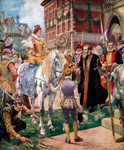 エリザベス女王が1570年、1920年に王立証券取引所を開設。 作： Ernest Crofts