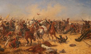 ムードキーの戦い 1845 年 12 月 18 日、1890 年頃 (キャンバスに油彩) 作： Ernest Crofts