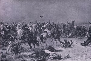 MudkiでのKings Own Light Dragoonsの担当、陸と海でのイギリスの戦い、1915年のイラスト 作： Ernest Crofts