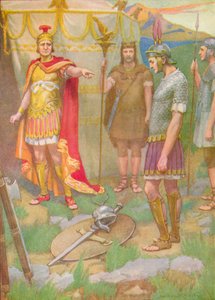「若者は敵から奪った武器を父親の足元に置いた」、c1912 1912 作： Ernest Dudley Heath