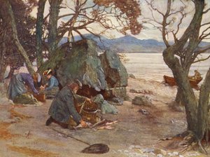 オー湖でのランチタイム（カラーリトグラフ） 作： Ernest Edward Briggs