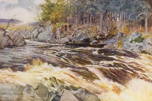 ケン号でのサーモン釣り、正念場（カラーリトグラフ） 作： Ernest Edward Briggs