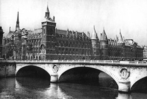 1931年、パリのセーヌ川からの裁判所とヌフ橋の眺め。 作： Ernest Flammarion