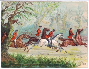 キツネが木に隠れている間に走るフォックスハンターのビクトリア朝のグリーティングカード、1880年頃 作： Ernest Henry Griset