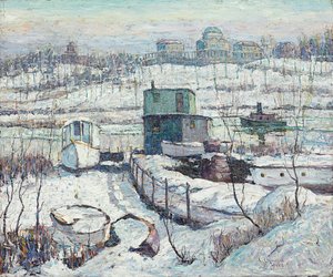 ボートハウス、冬、ハーレム川 作： Ernest Lawson