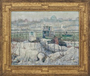 ボートハウス、冬、ハーレム川、1916年頃 作： Ernest Lawson