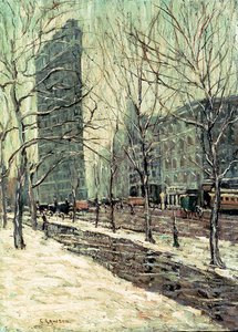 ニューヨークのフラットアイアンビルディング、c.1903-05（船内の油） 作： Ernest Lawson