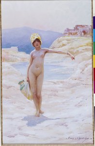 アルジェリアの女の子は水差しを持っています砂漠のオアシスの水源の近くで水差しをかぶった帽子をかぶった裸の女の子. Louis Ernest Lessieux (1874-1925) の水彩画 作： Ernest Louis Lessieux