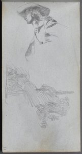 スケッチブック、27ページ：「テラスで」の詳細な習作と風景の習作 作： Ernest Meissonier