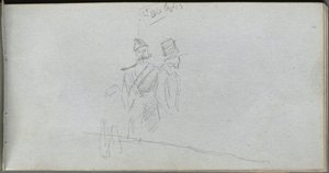 スケッチブック、38 ページ: シルクハットをかぶった兵士と人物の習作 作： Ernest Meissonier