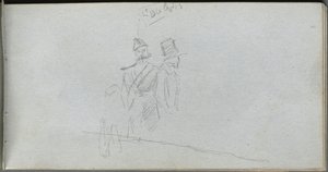 スケッチブック、38ページ：シルクハットの兵士とフィギュアの研究。 作： Jean Louis Ernest Meissonier