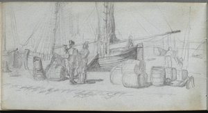 スケッチブック、50ページ：ボート、フィギュア、ビーチの貨物。 作： Jean Louis Ernest Meissonier