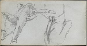 スケッチブック、58ページ：リクライニングフィギュアと後ろからのフィギュア。 作： Jean Louis Ernest Meissonier