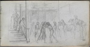 スケッチブック、62ページ：図の研究、階段、馬。 作： Jean Louis Ernest Meissonier