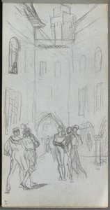 スケッチブック、63ページ：中庭の人物像。 作： Jean Louis Ernest Meissonier