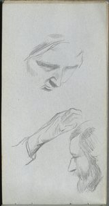 スケッチブック、70 ページ: 2 つの顔と手の習作 作： Ernest Meissonier