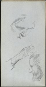 スケッチブック、70ページ：2つの顔と手の研究。 作： Jean Louis Ernest Meissonier