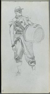 スケッチブック、79ページ：ドラムを持った兵士。 作： Jean Louis Ernest Meissonier
