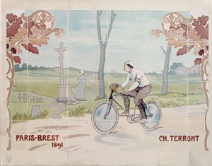 1891年、パリとブレストを結ぶ史上初の長距離自転車レースに出場したシャルル・テロン 作： Ernest Montaut