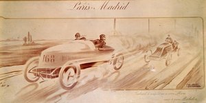 モーターレース。「パリ・マドリード」。ミシュランのタイヤを装着したモルスで優勝したガブリエル "" イラスト 1903年 作： Ernest Montaut