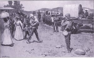 ボーア難民を支援するイギリスの兵士、イラスト「プレトリア後：ゲリラ戦争」、1902年 作： Ernest Prater
