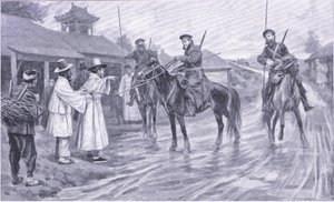 朝鮮人の捕虜から情報を集めているコサックスカウト、イラストレーションラッセル日露戦争第1巻、カッセルの歴史1900年頃 作： Ernest Prater