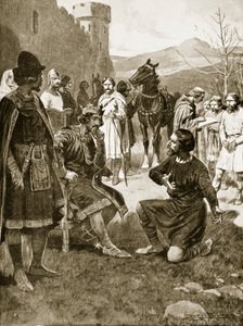 スコットランドの王、デイビッドは正義を分配する、「ハッチンソンのイギリス国民の物語」、1920年頃のイラスト 作： Ernest Prater