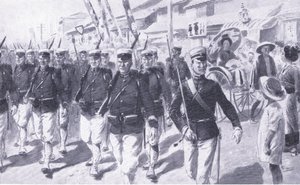 東京を駆け抜ける日本人、カッセルの日露戦争の歴史第1巻、1900年のイラスト