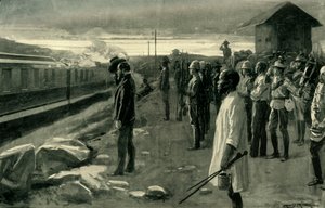 「ブロックハウス警備員によって敬礼されたロードス氏の遺骨を運ぶ列車」、1902年。 作： Ernest Prater