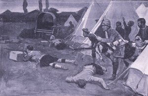 ジェイコブスダルの市場にあるイギリスのキャンプへの攻撃、イラスト：プレトリア後：ゲリラ戦争、1902年 作： Ernest Prater