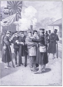 トキオを去る軍隊、キャッセルズ日露戦争の歴史第1巻、1900年のイラスト 作： Ernest Prater
