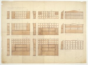 イングリッシュオークのチャイナラック、サイドボード、ドレッサーのデザイン、1906年（紙に鉛筆とトイレ）