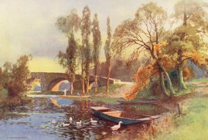 テムズ川チェルシー橋（カラーリトグラフ） 作： Ernest William Haslehust