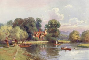 テムズ川メドメナム修道院（カラーリトグラフ） 作： Ernest William Haslehust