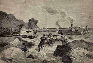 ソマリアのワルシャイクでカルロ・ザヴァッリ中尉（1867-1890）が殺された事件（4月24日）、ジェンナーロ・アマートのデッサンからエルネスト・マンカストロパが彫った。 作： Ernesto Mancastroppa