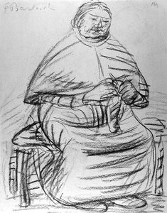 編み物をする老婆（紙に木炭）（モノクロ写真 作： Ernst Barlach