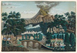 噴火する火山、橋、ウェディングパーティーのある風景 作： Ernst Damitz
