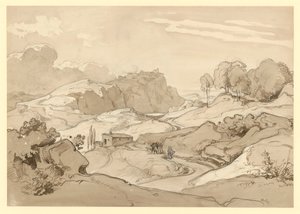 岩山と木々のあるイタリア風景、道端の小屋と人物群像 作： エルンストフライ