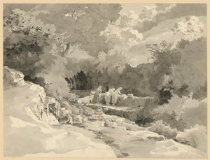 洗濯場の泉のそばの女性たちがいる風景 作： エルンストフライ