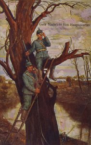 第一次世界大戦、1915年に戦場を監視し、本部にフィールド電話で報告するドイツ軍兵士、本社への朗報 作： Ernst Heilemann