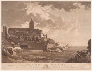 ナイメーヘンのファルクホフの眺め ナイメーヘンのファルクホフは、1784 年の洪水で破壊されたものの隣にあり、東に見ることができます (オブジェクトのタイトル) 作： Ernst Karl Gottlieb Thelott