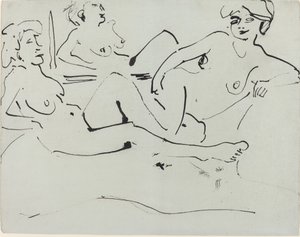 ドードーと鏡の前に横たわる年配の女性、1909 年。 作： Ernst Ludwig Kirchner