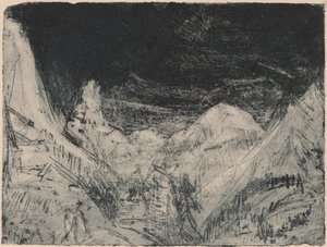 小さな芝刈り機のある山の風景、1919年。