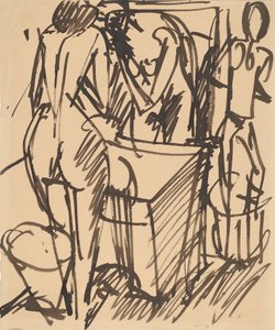 洗面台の前に立つ鏡を持ったヌード、1908-1910年。 作： Ernst Ludwig Kirchner